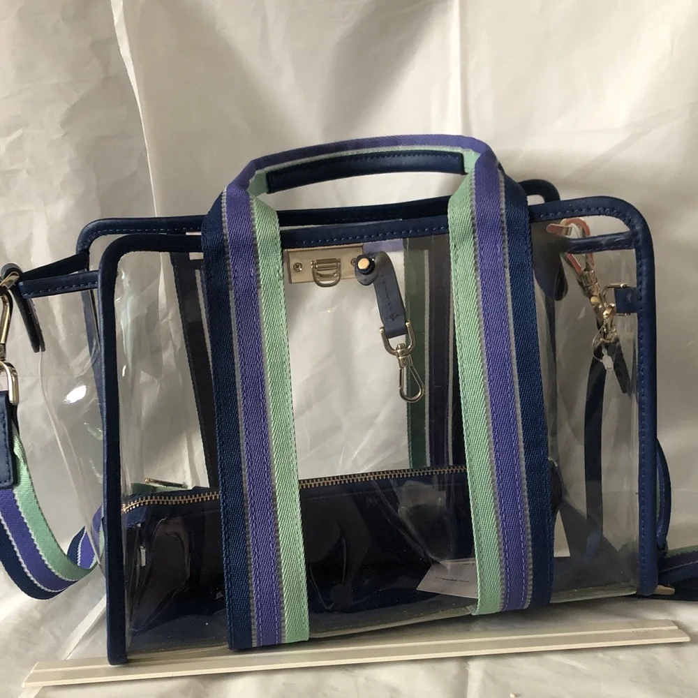 Kate Spade blue multi color see through satchel with adjustable crossbody NWT